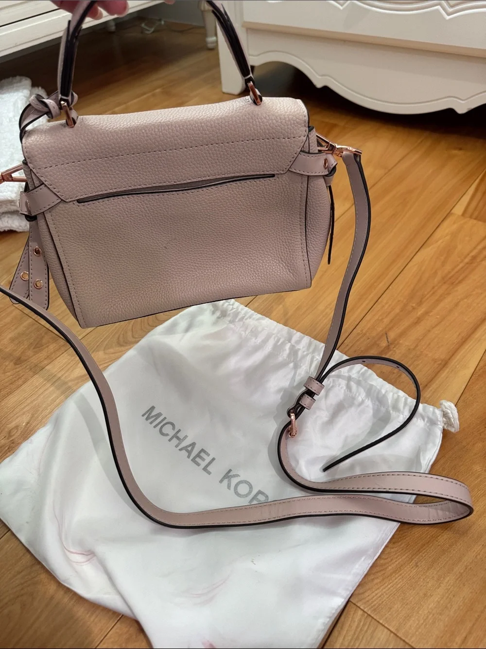 Michael Kors Cream Leather Top-Handle Satchel with Rose Gold Floral Studs